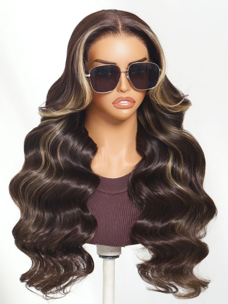 Nadula 7x5 Bye Bye Knots Loose Body Wave Lace Closure Wig Rich Chocolate Brown Hair with Face-Framing Highlights