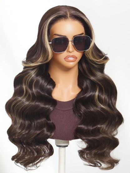 Nadula 7x5 Bye Bye Knots Loose Body Wave Lace Closure Wig Rich Chocolate Brown Hair with Face-Framing Highlights
